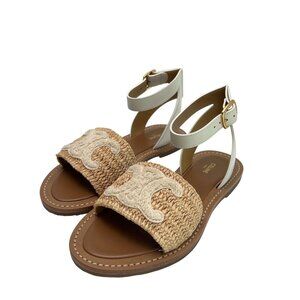 CELINE White Triomphe Logo Raffia & White Leather GHW Flat Sandals - SZ 36.5
